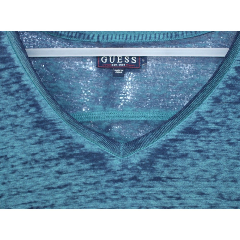 Guess Mens V-Neck Ombre Burnout T-Shirt Teal Blue Dip Dye Short Sleeve Large - Picture 3 of 5